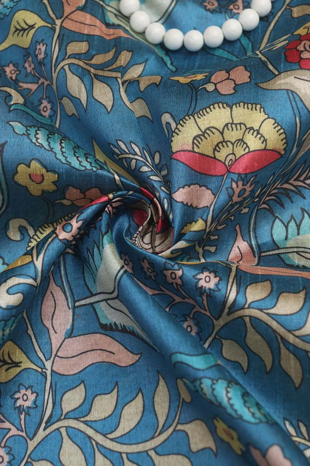 Blue Kalamkari Tussar Silk: Exquisite Digital Print ( 1 Mtr )