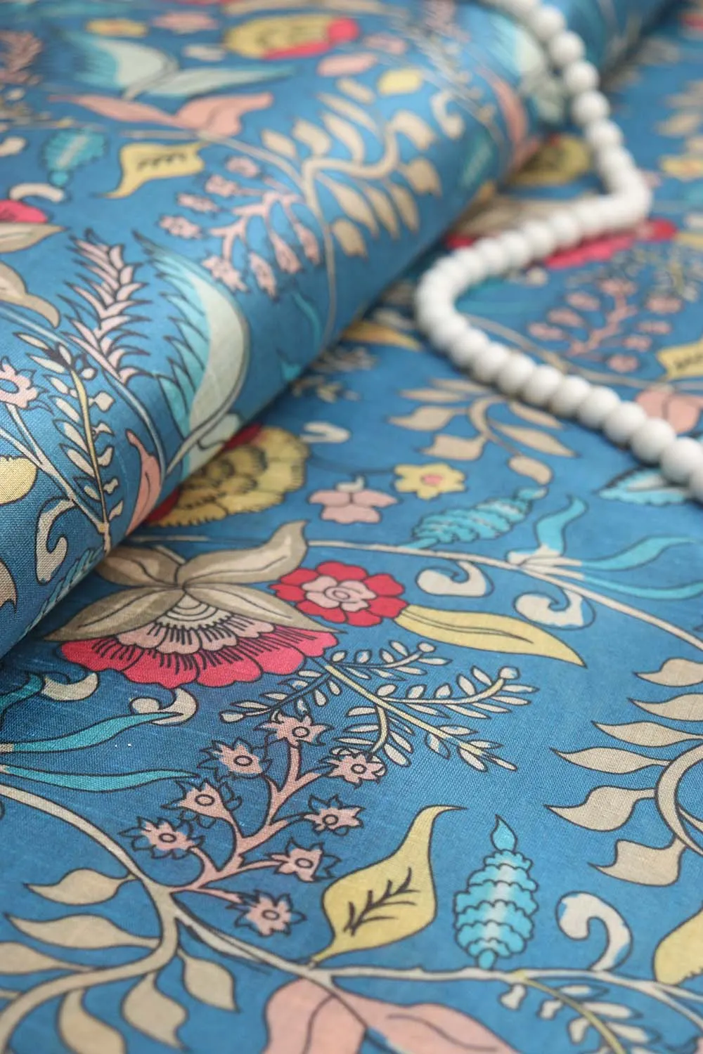 Blue Kalamkari Tussar Silk: Exquisite Digital Print ( 1 Mtr )