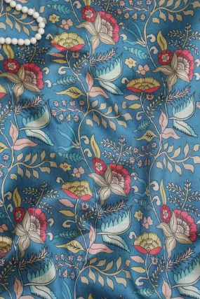 Blue Kalamkari Tussar Silk: Exquisite Digital Print ( 1 Mtr )