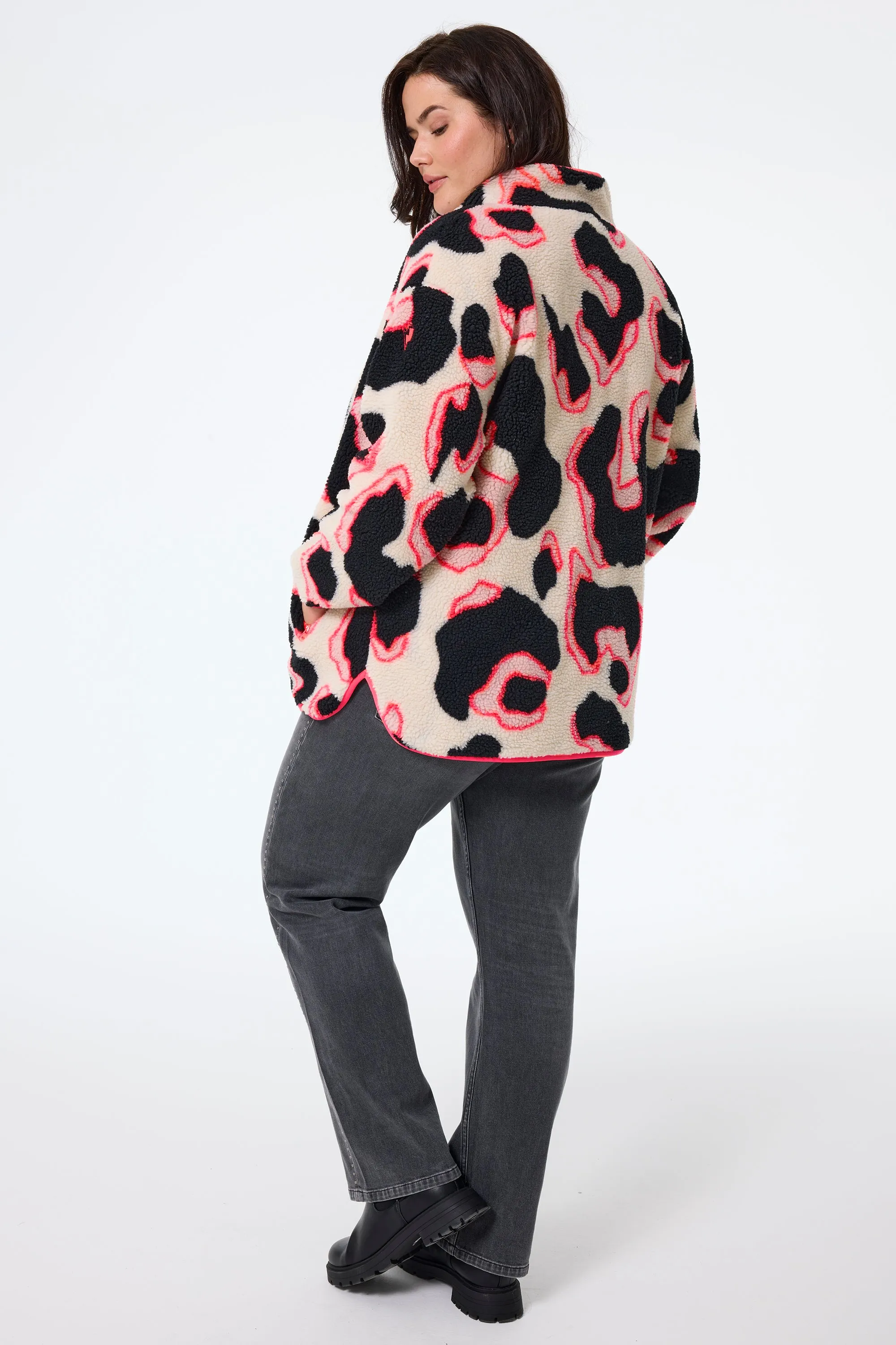 Cream with Coral and Black Mega Shadow Leopard Button Through Fleece Jacket