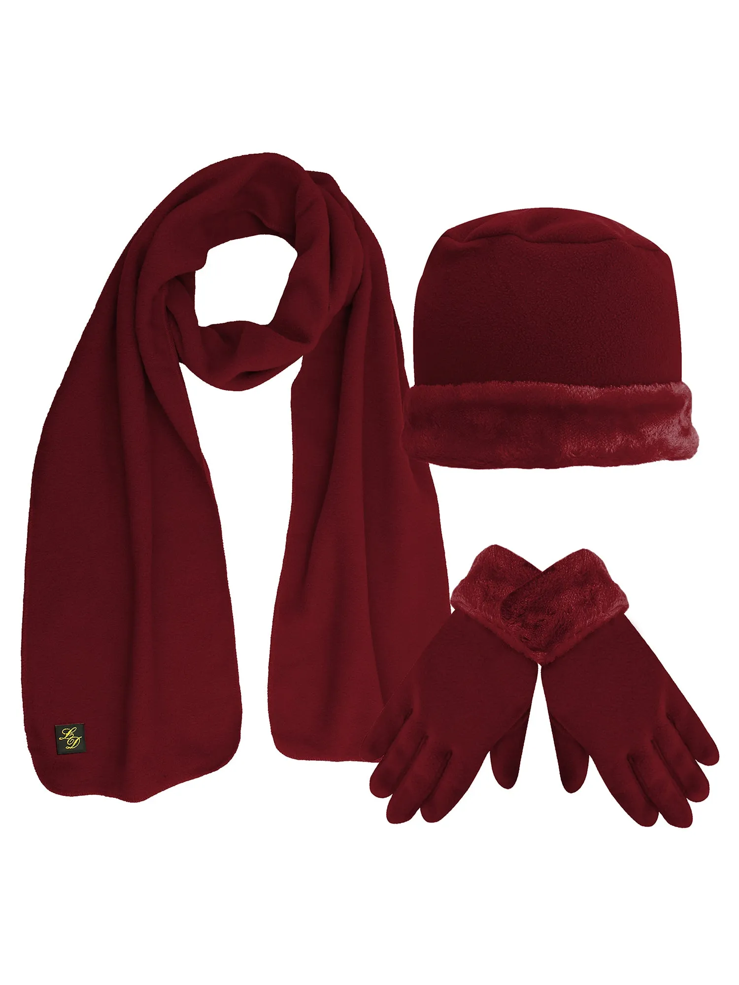 Fleece Hat Scarf & Glove Set With Plush Fur Trim