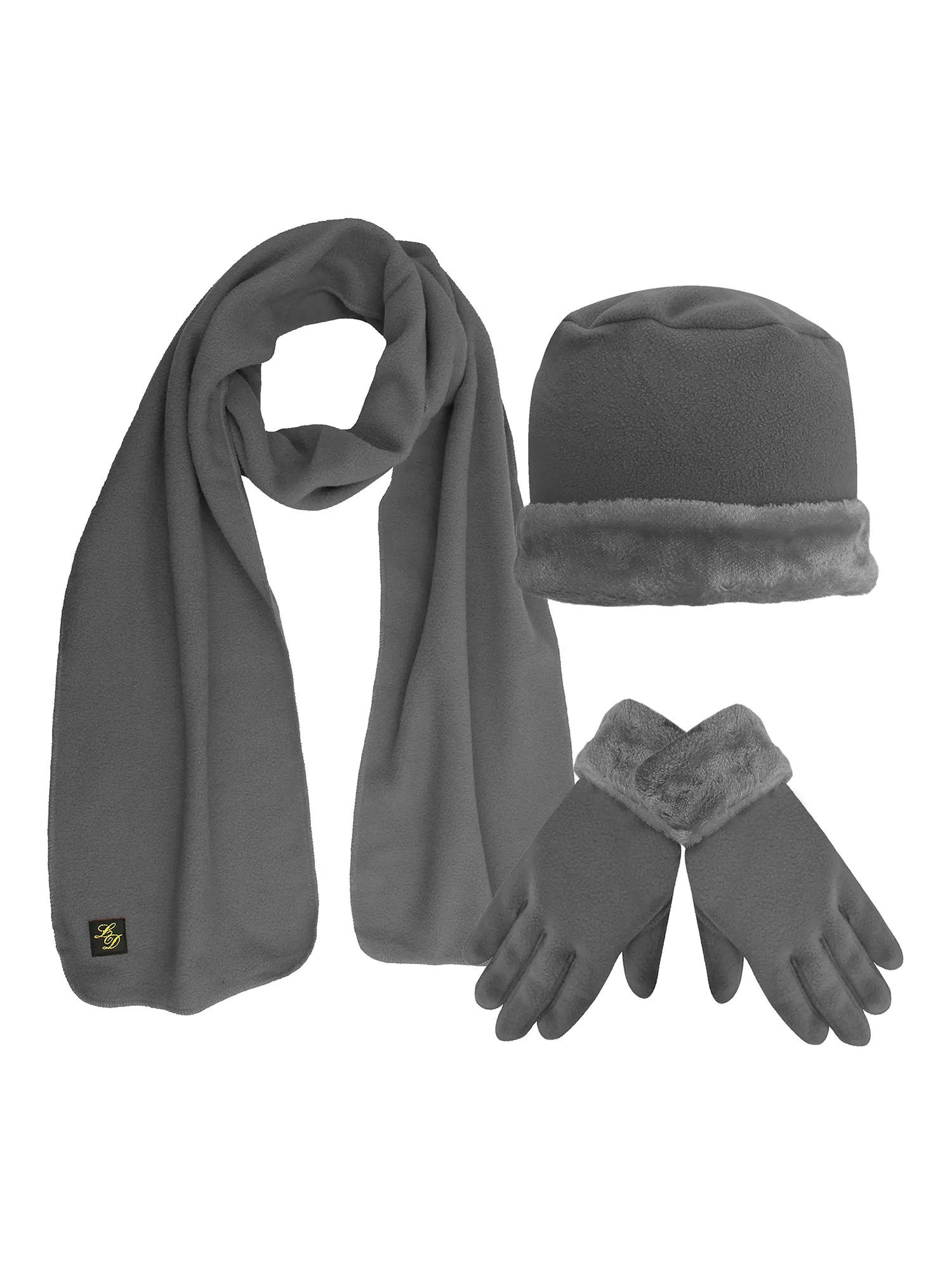 Fleece Hat Scarf & Glove Set With Plush Fur Trim