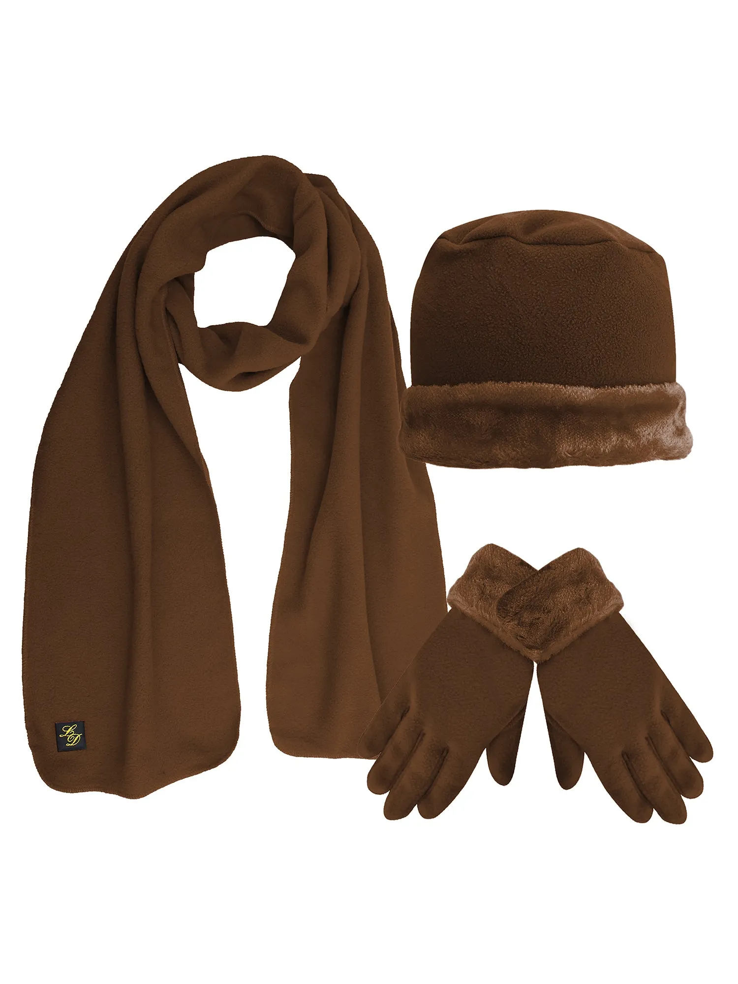 Fleece Hat Scarf & Glove Set With Plush Fur Trim