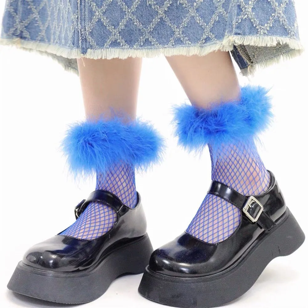 Furry Fishnet Ankle Socks