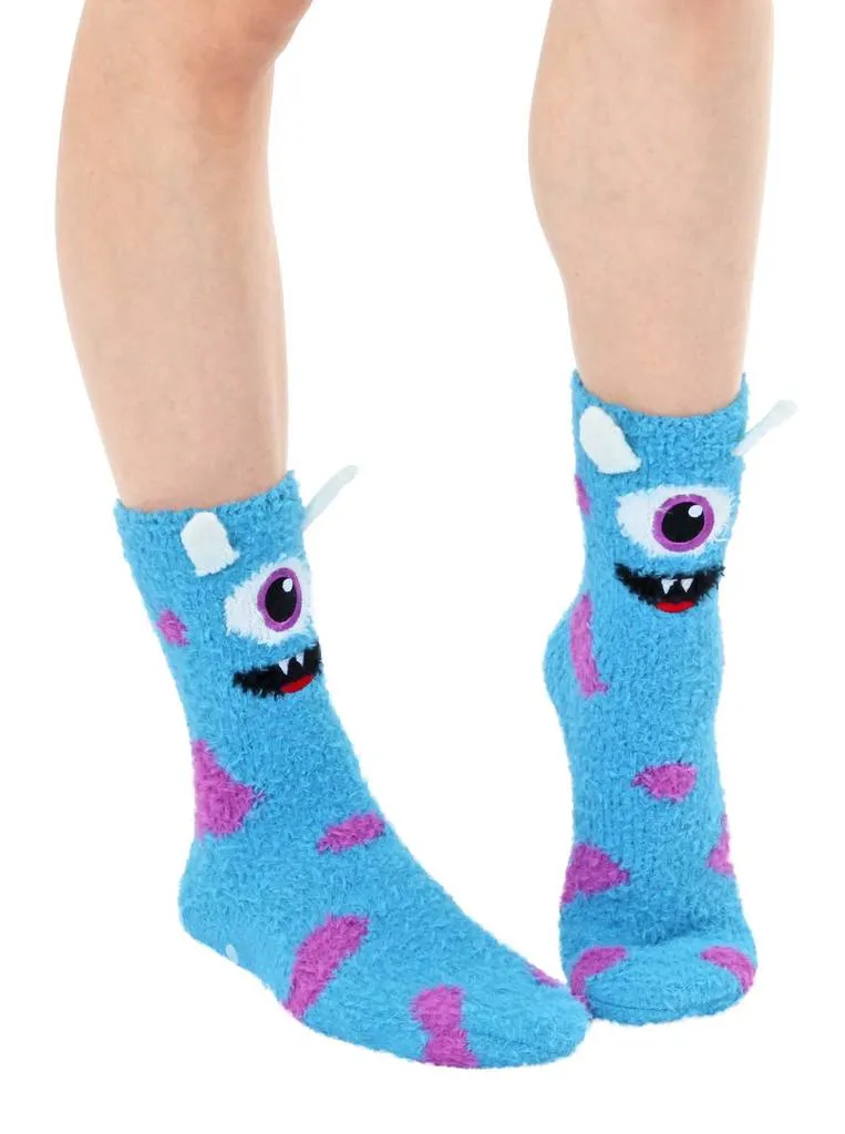 Fuzzy Blue One-Eyed Monster Crew Socks by Living Royal *