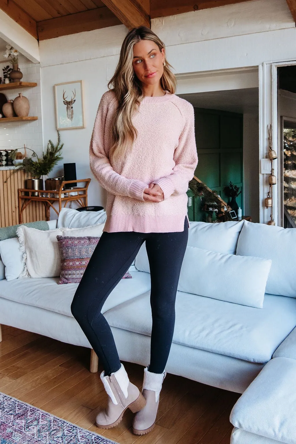 Fuzzy Pink Ribbed Pullover Sweater