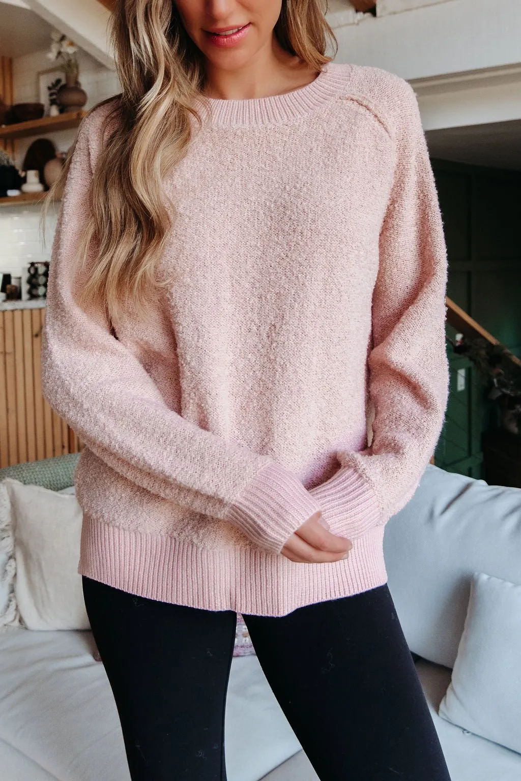 Fuzzy Pink Ribbed Pullover Sweater