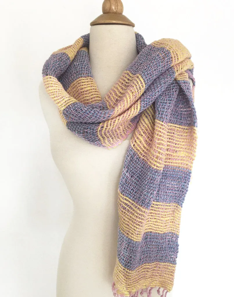 Handwoven Open Weave Cotton Scarf - Blue/Yellow Stripe