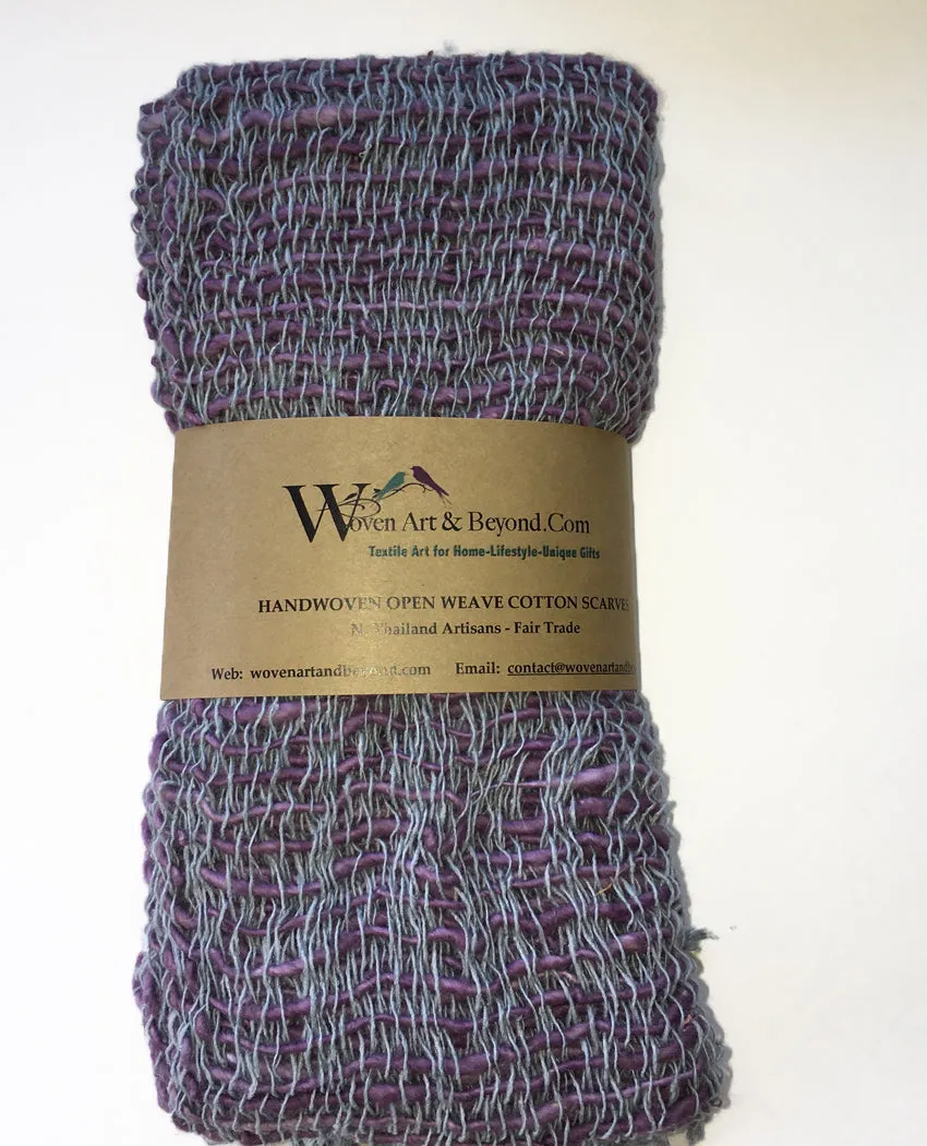 Handwoven Open Weave Cotton Scarf - Grey/Eggplant