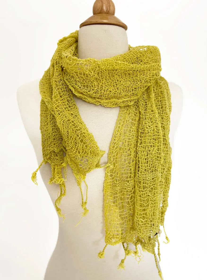 Handwoven Open Weave Cotton Scarf - Lemon Yellow