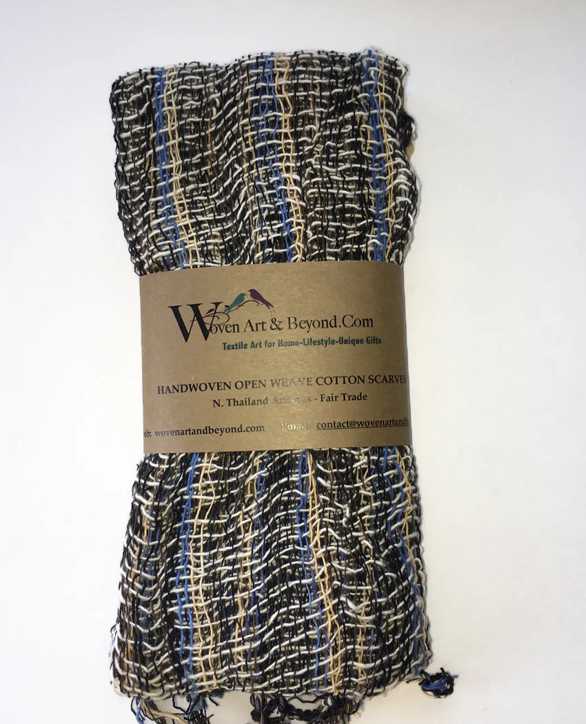 Handwoven Open Weave Cotton Scarf - Multicolor Black/Khaki/Blue