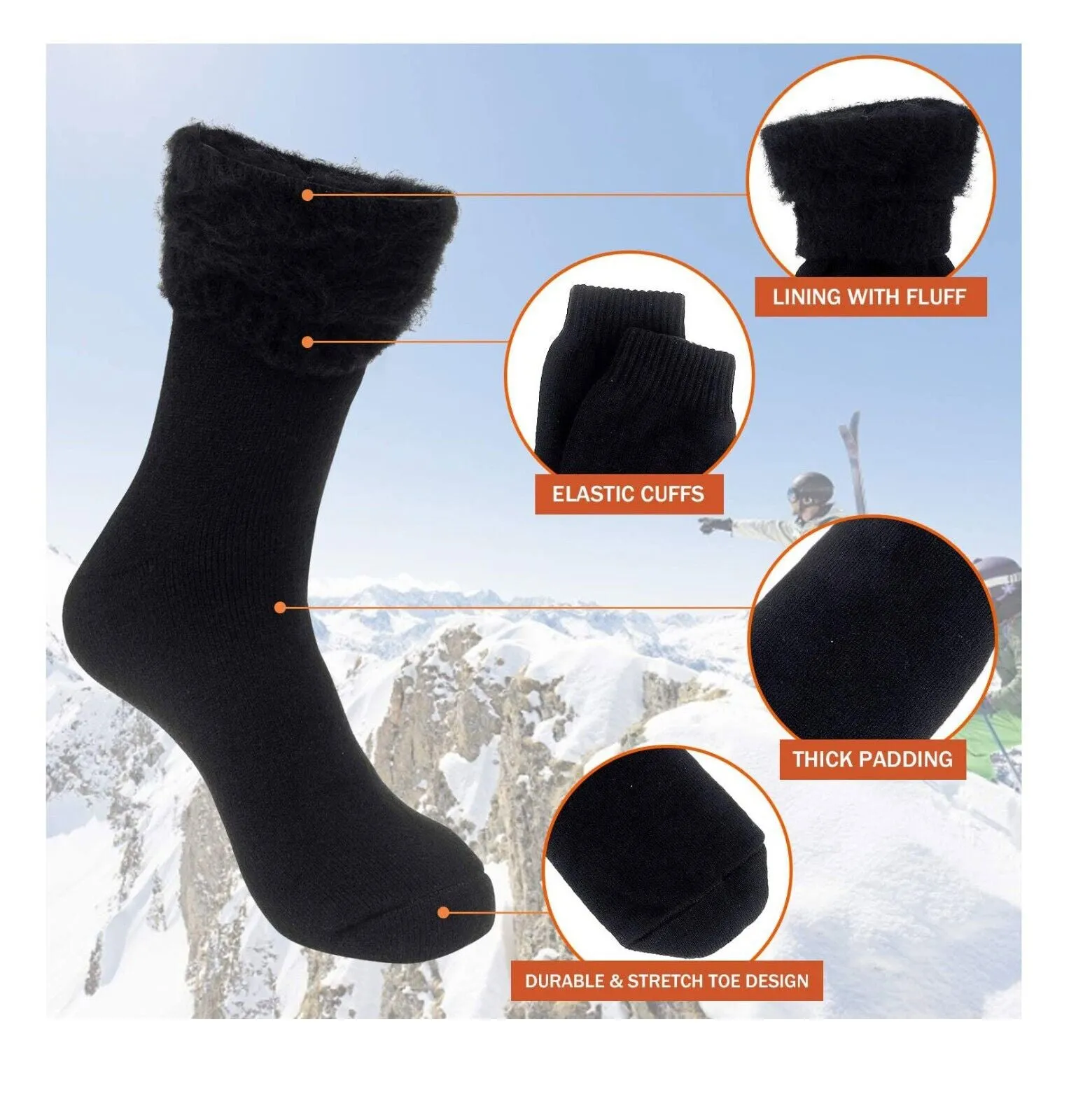 MENS HEATED THERMO SOX INSULATED SOCKS " 4.7 Tog rating & Ski Fur Lined (2 Pack)