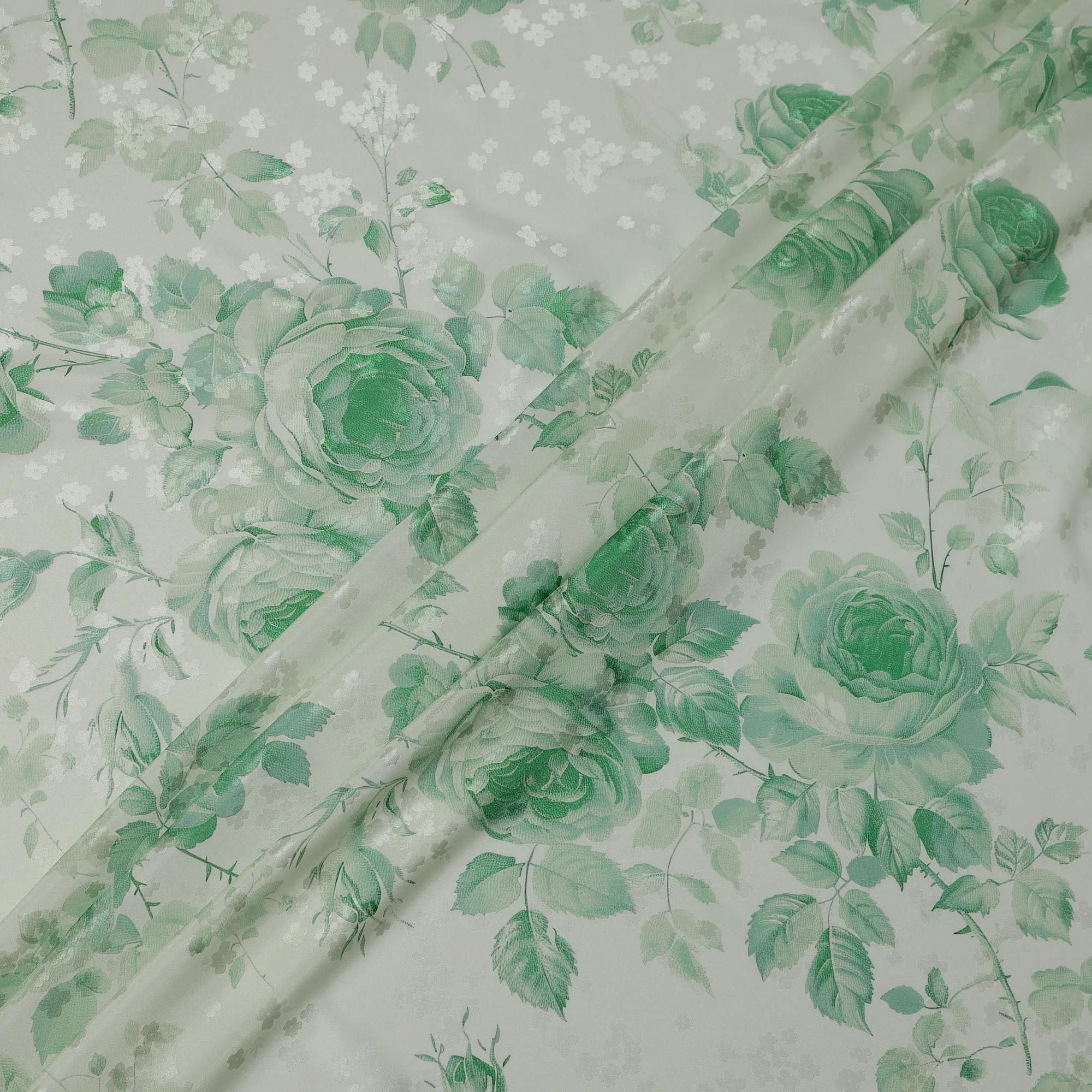 Mint Green Floral Print Pure Silk Satin Fabric, 140 cm Width, Made in Italy -D21162