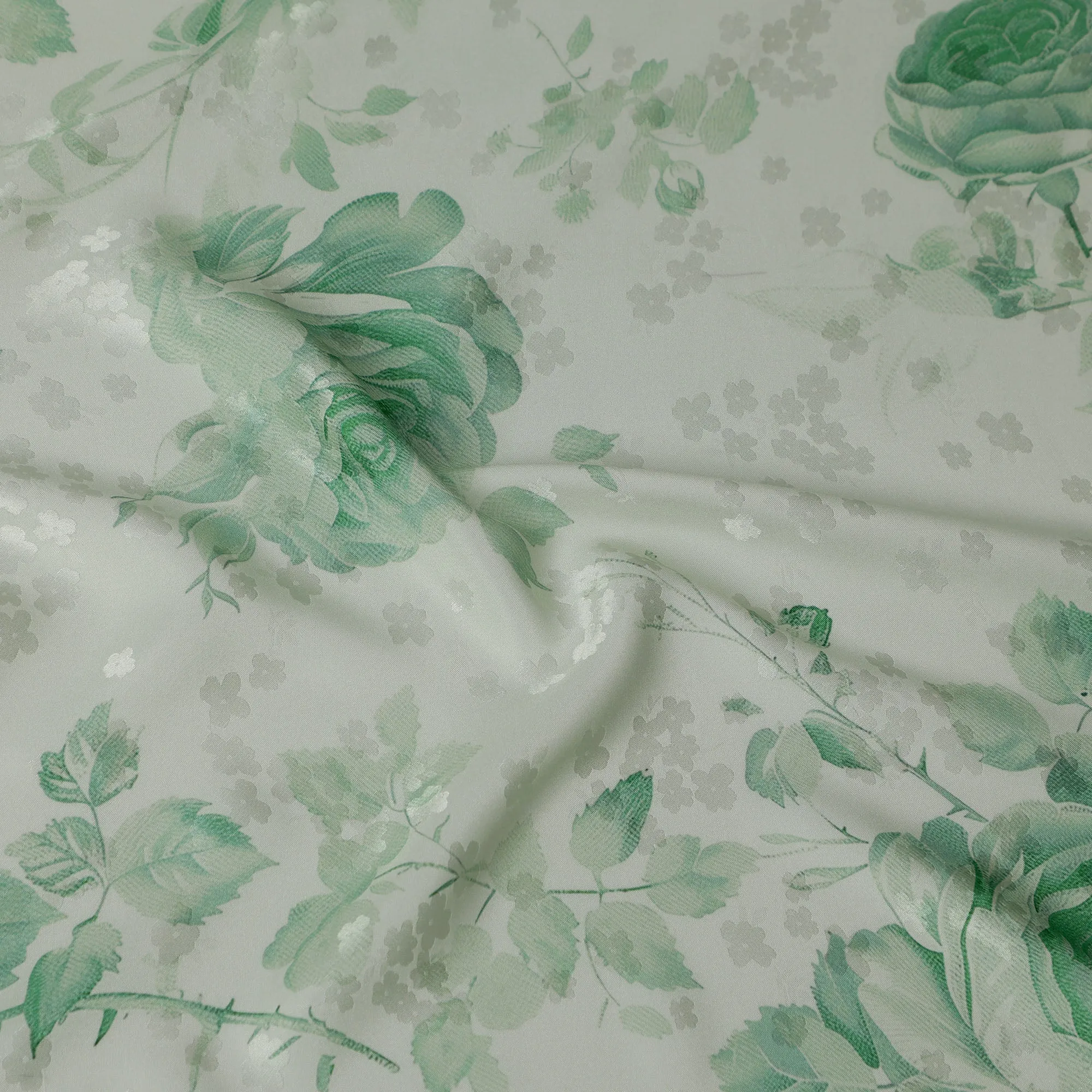 Mint Green Floral Print Pure Silk Satin Fabric, 140 cm Width, Made in Italy -D21162