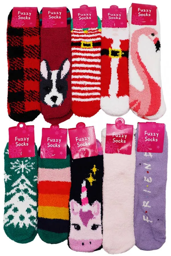 Patterned Fuzzy Fleece Indoor Mid-Crew Socks