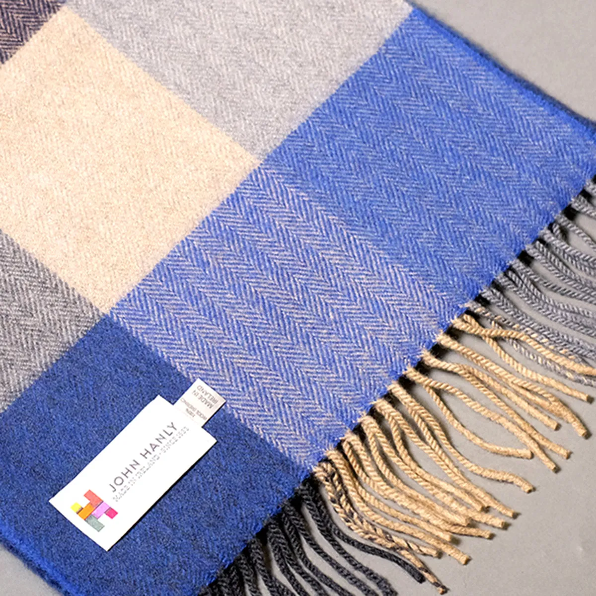 Pure merino wool scarf in blue and beige block check