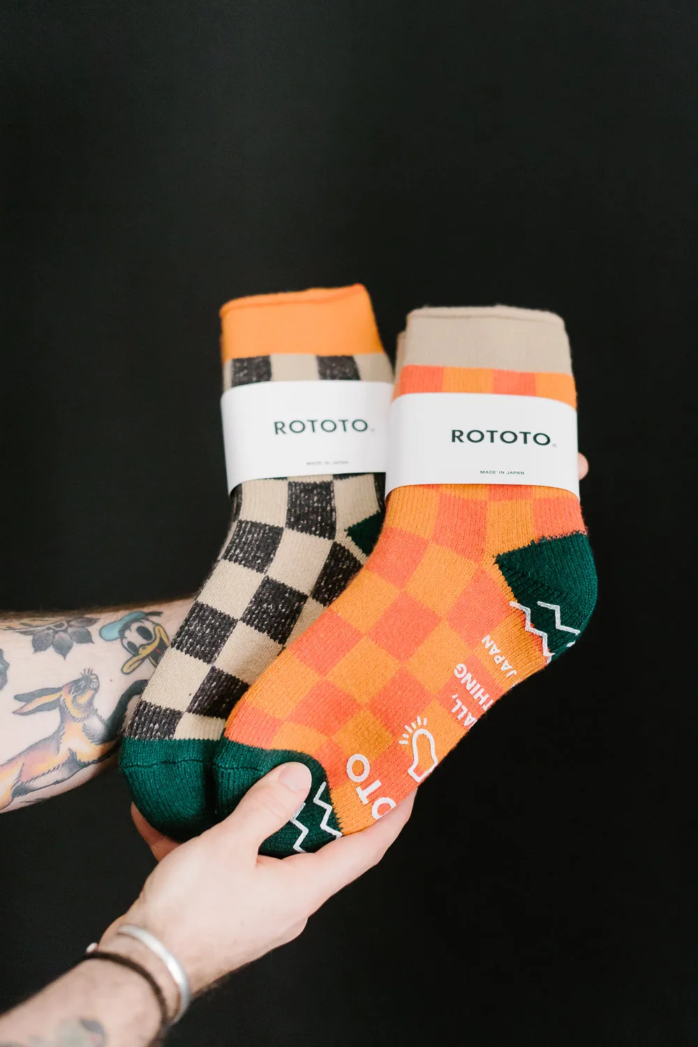 R1497 - Pile Room Socks "Checkerboard" - Beige, Dark Green