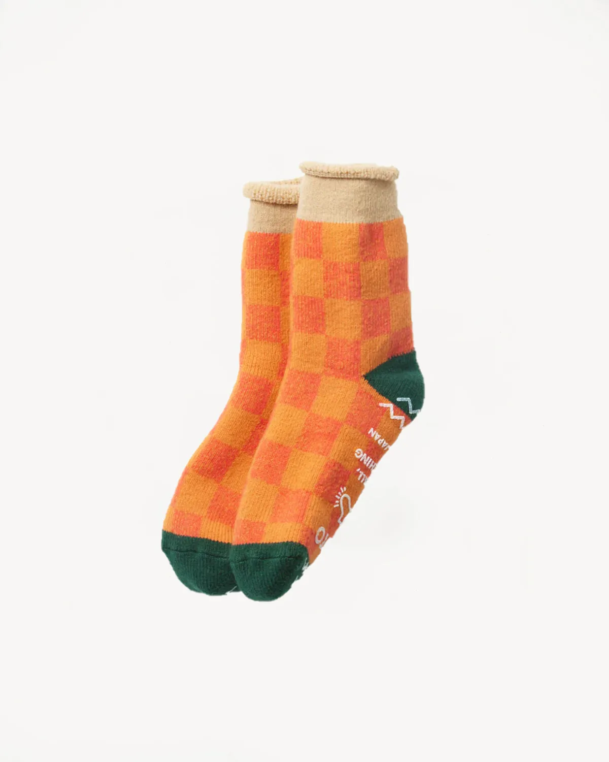 R1497 - Pile Room Socks "Checkerboard" - Beige, Dark Green