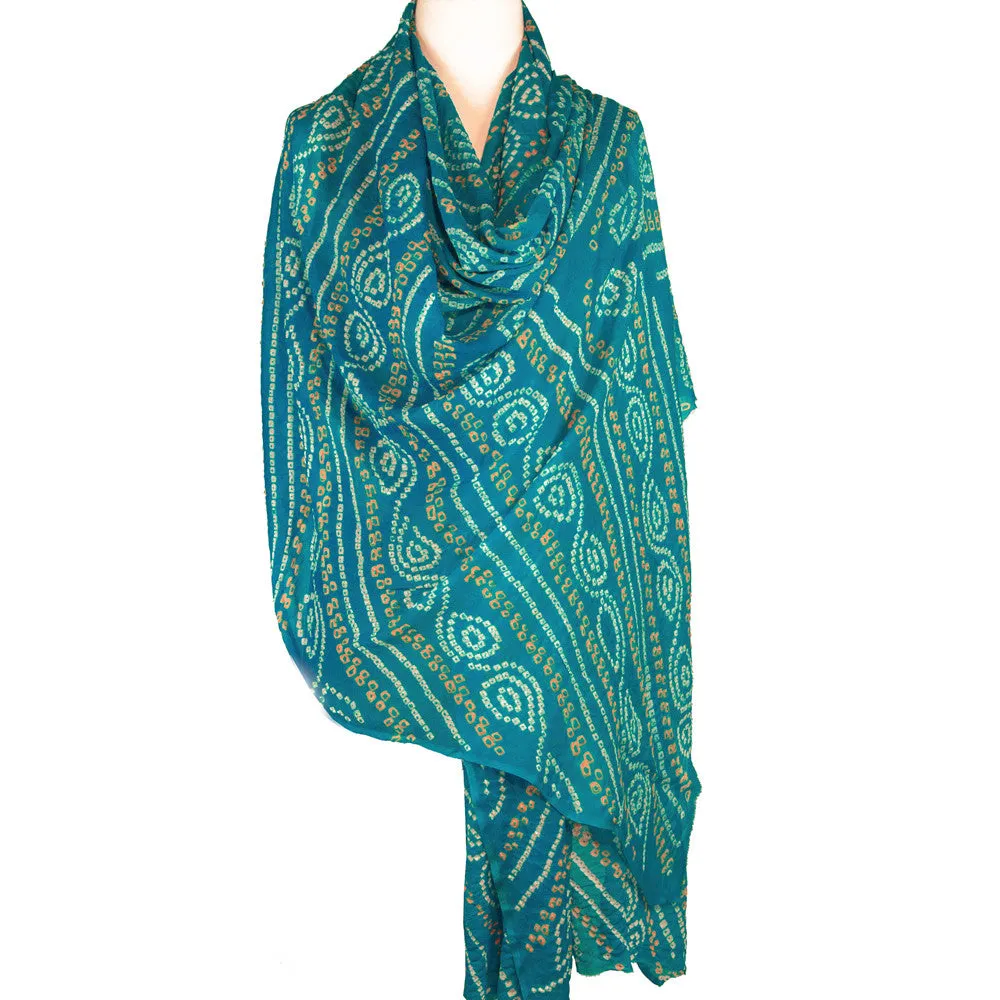 Silk Bandhani Scarf - Aqua, White and Gold