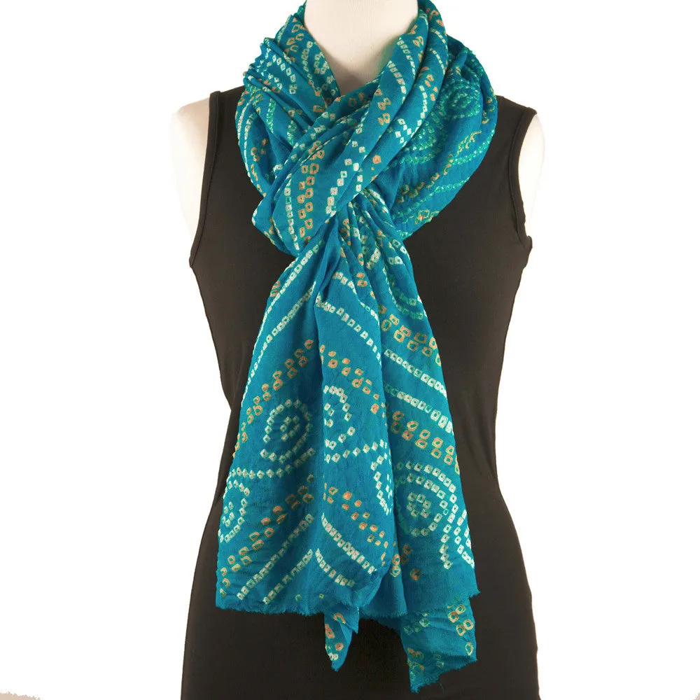 Silk Bandhani Scarf - Aqua, White and Gold