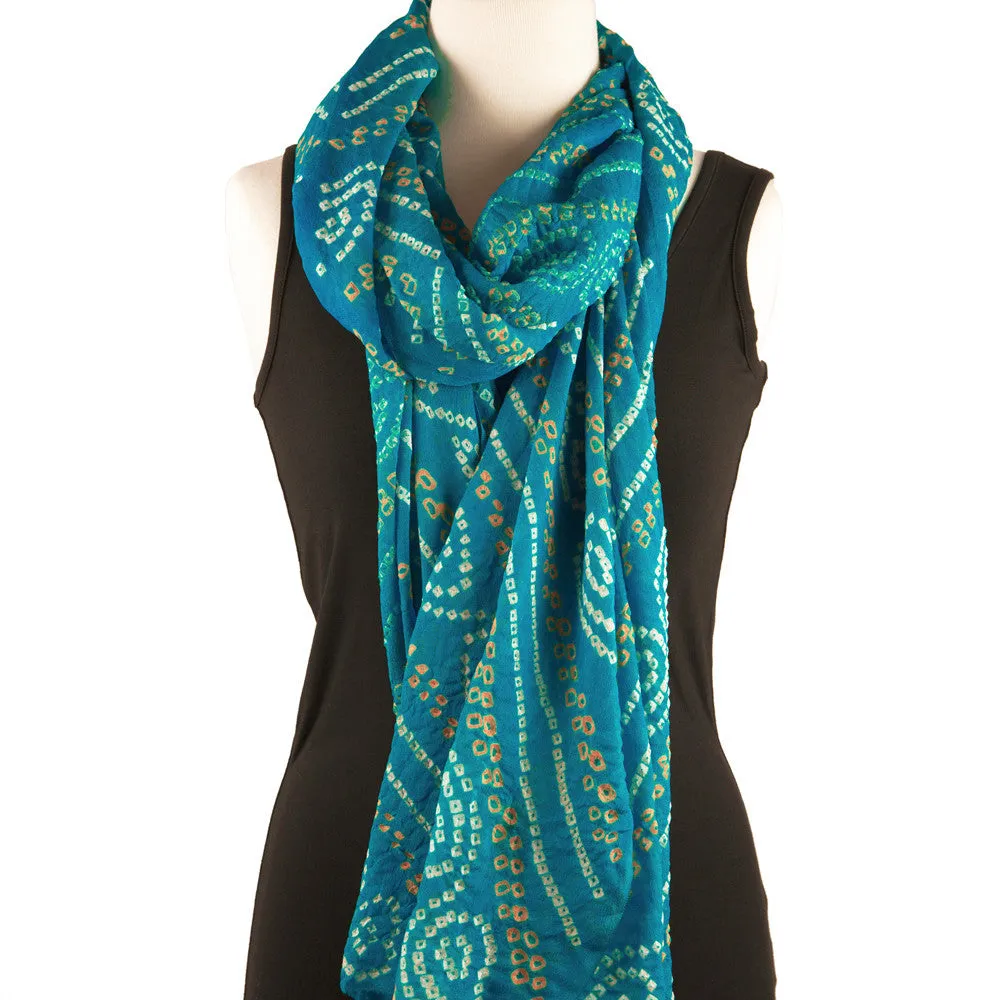 Silk Bandhani Scarf - Aqua, White and Gold