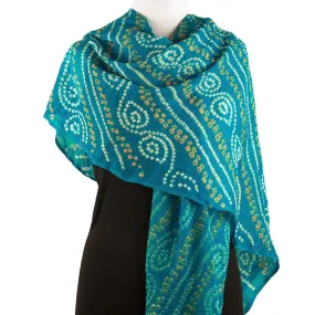 Silk Bandhani Scarf - Aqua, White and Gold