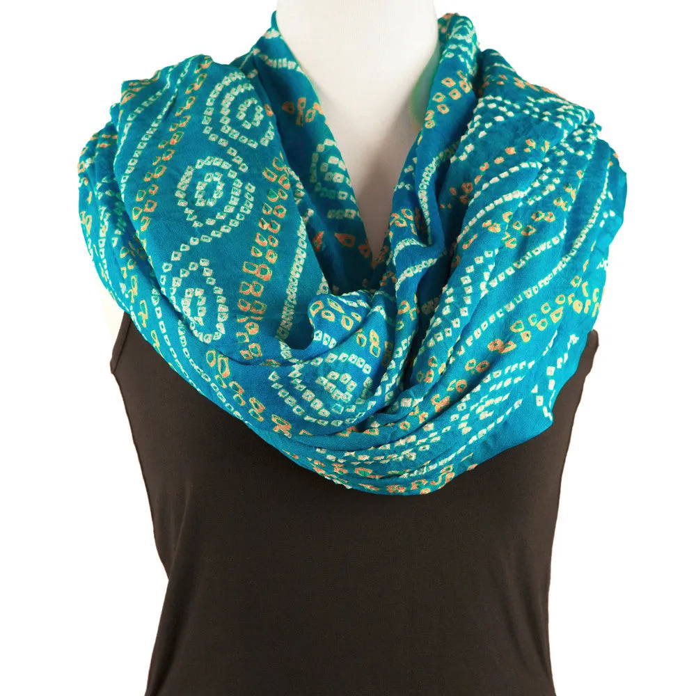 Silk Bandhani Scarf - Aqua, White and Gold