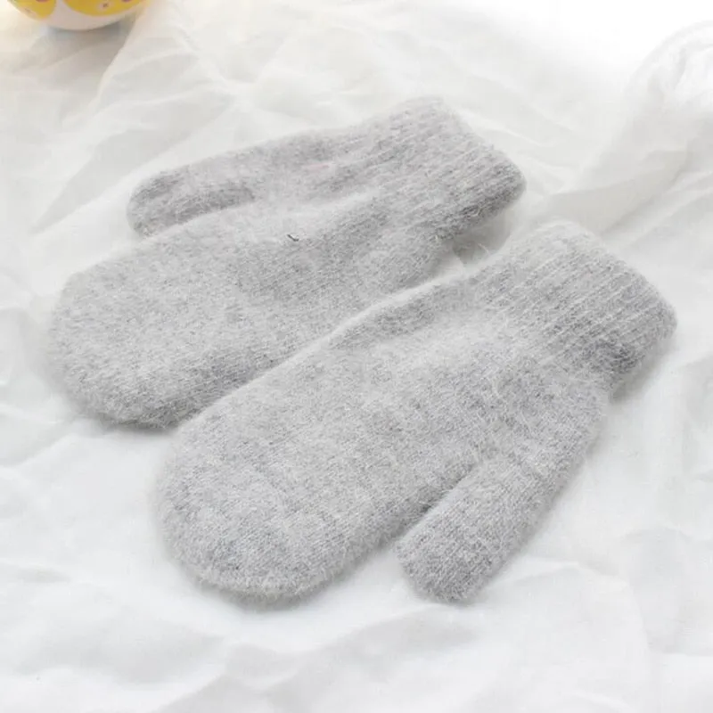 Women Winter Thick Knitted Cashmere Double Layer Plush Wool Knit Warm Mittens Female Cute Full Fingers Gloves L80