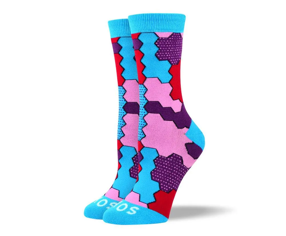 Women's Colorful Blue Jigsaw Socks For Autism