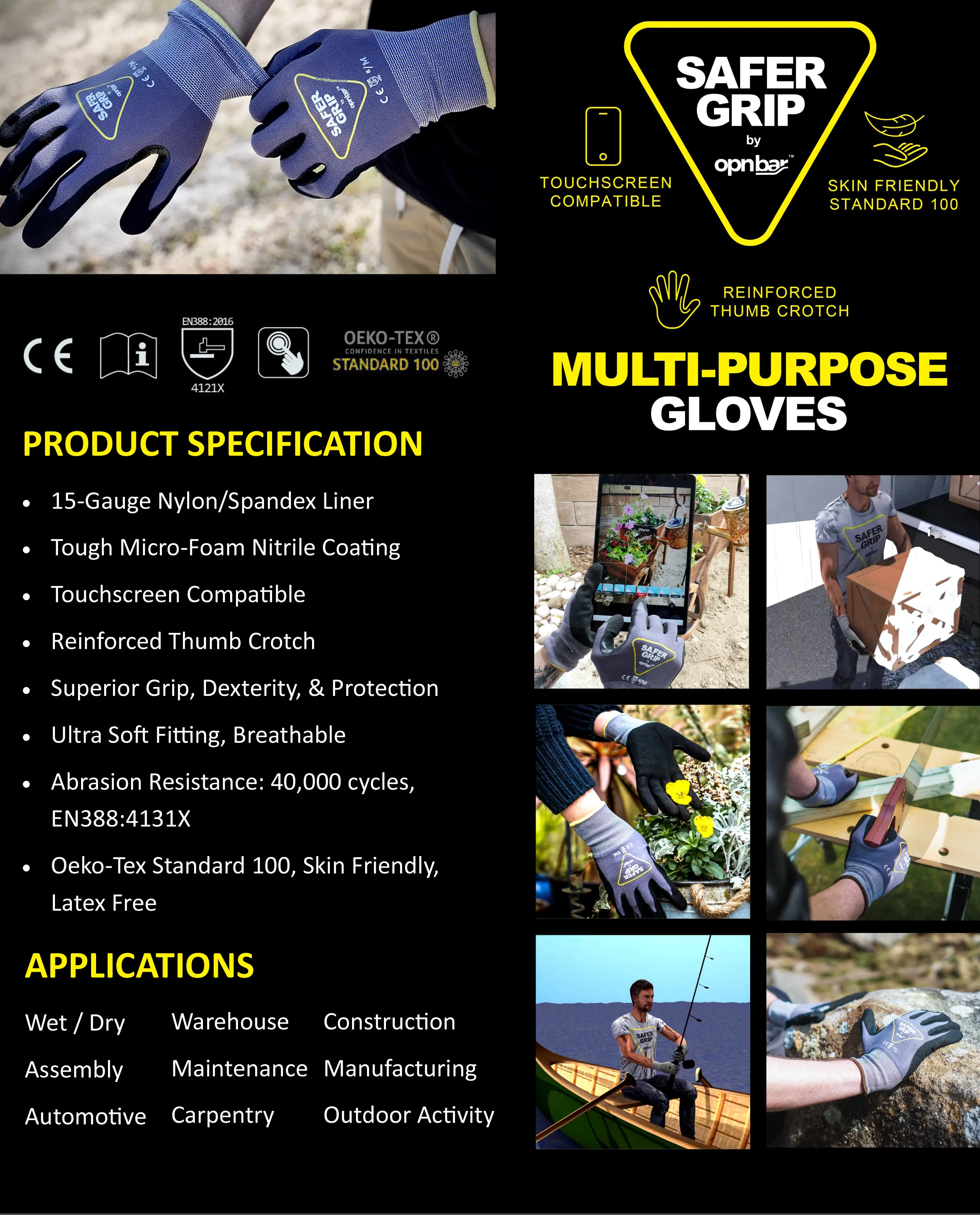 Woodworking Gloves - Nitrile Coated Gloves with Touchscreen - Safer Grip by OPNBAR™ (2-Pack)